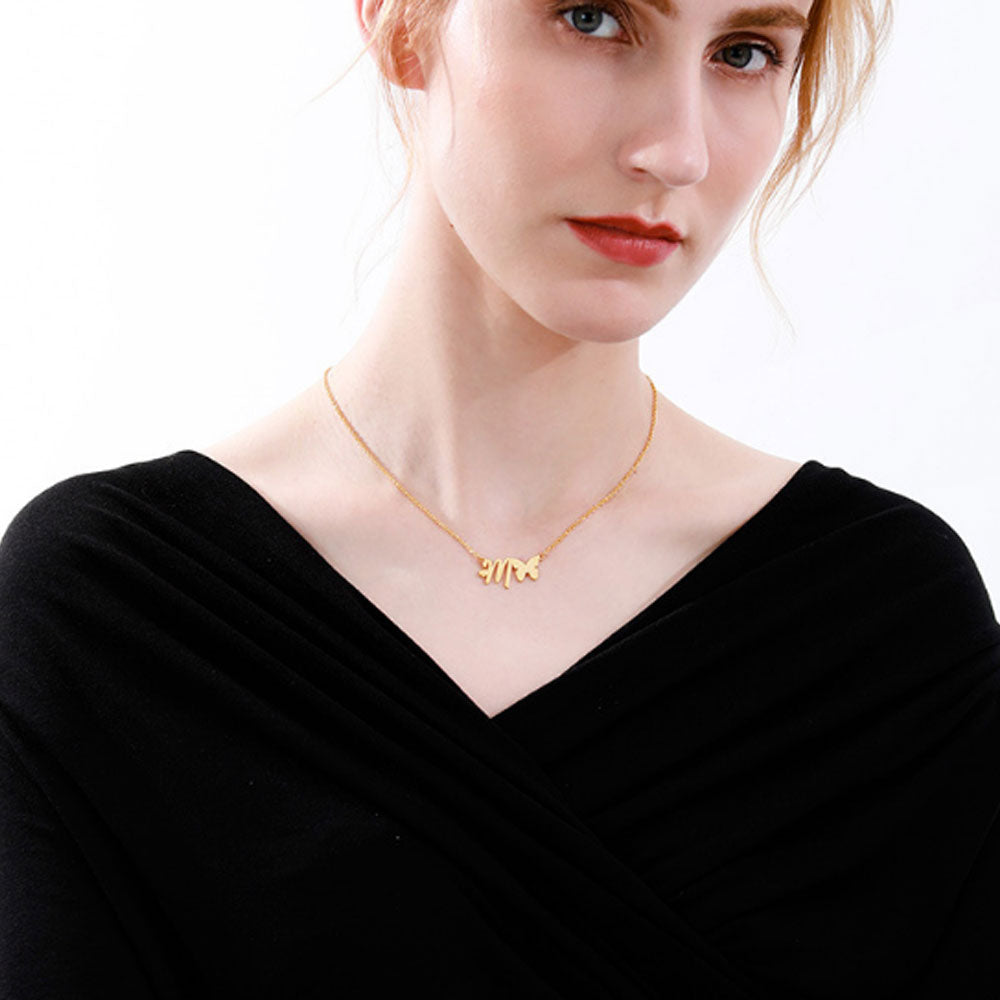 women stainless steel gold plated letter necklace initial with butterfly