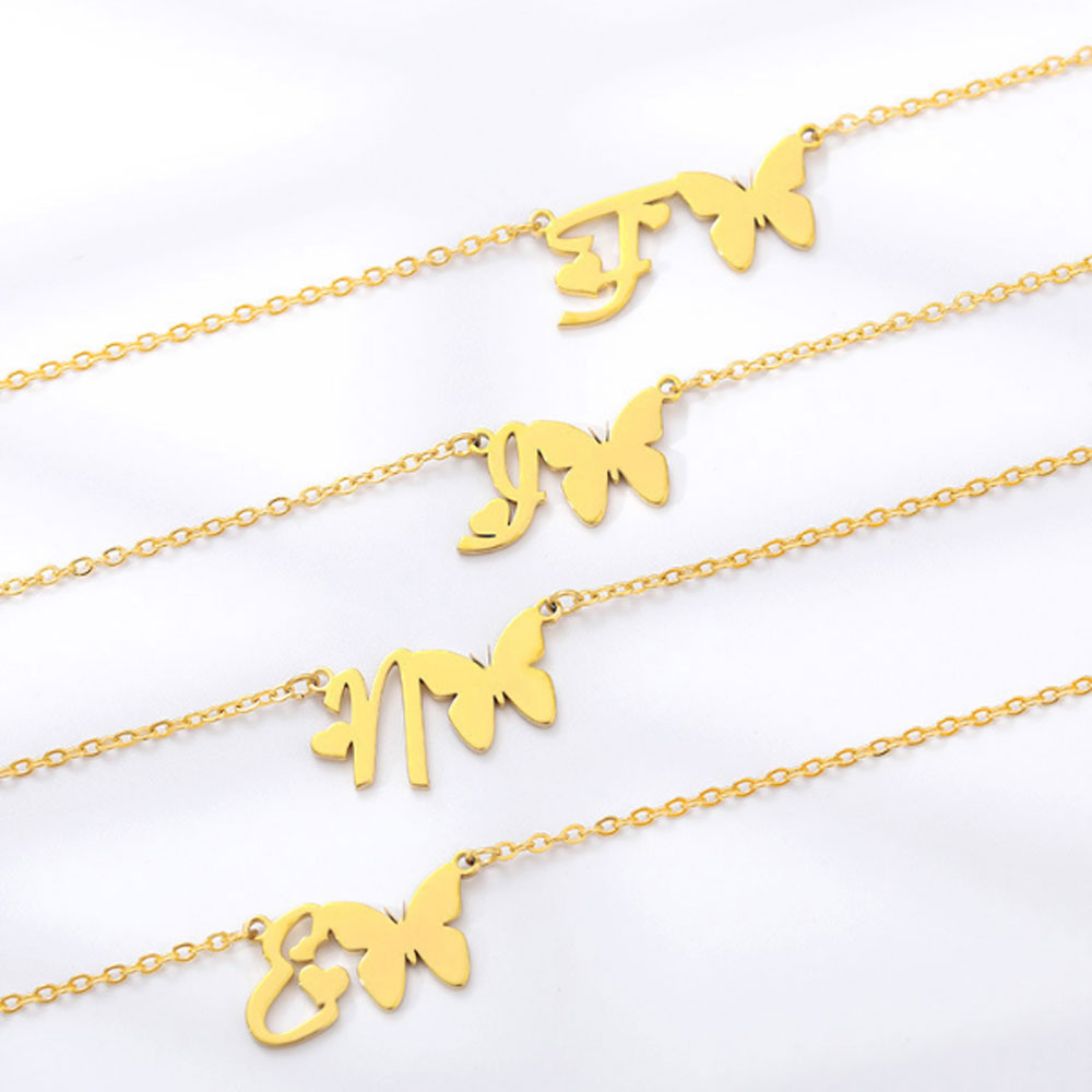 women stainless steel gold plated letter necklace initial with butterfly