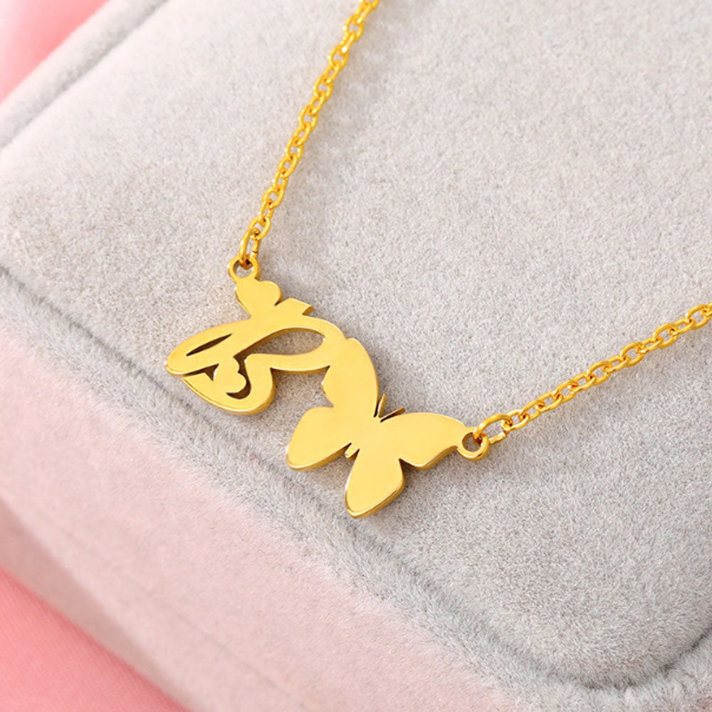 women stainless steel gold plated letter necklace initial with butterfly