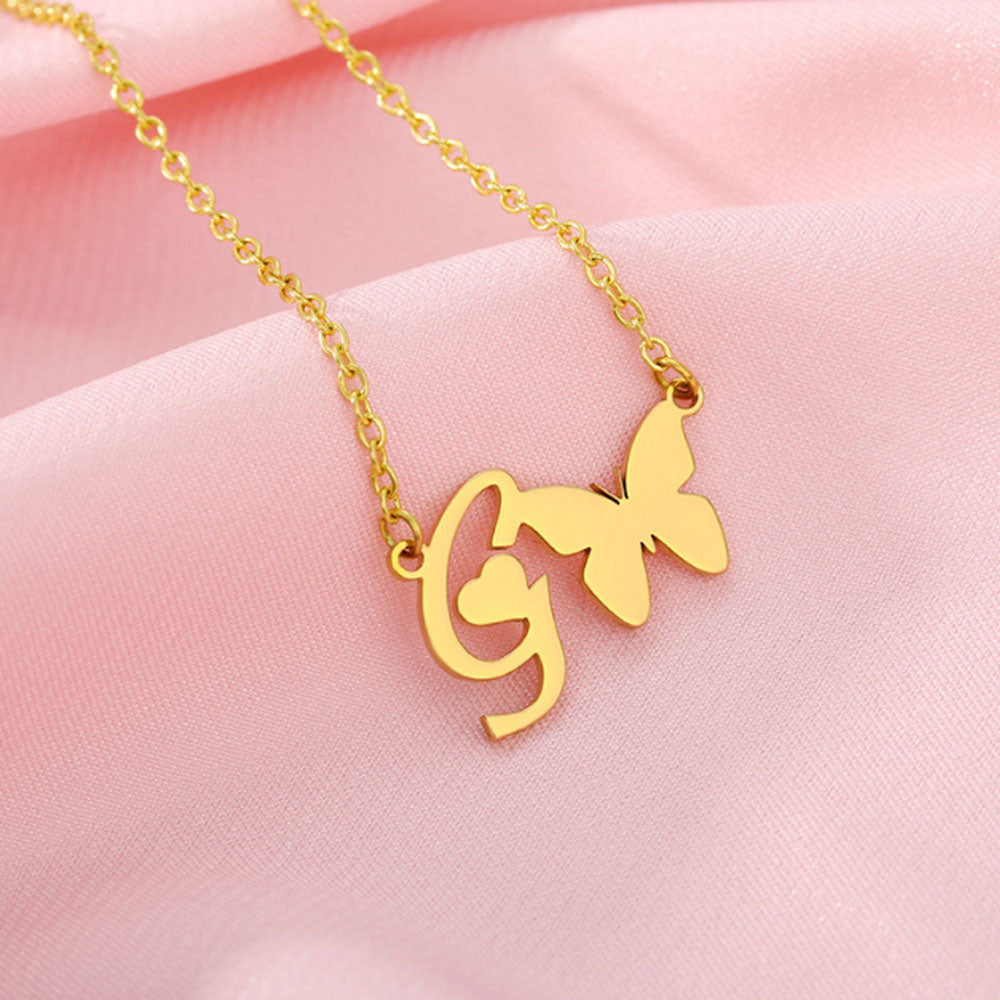 women stainless steel gold plated letter necklace initial with butterfly
