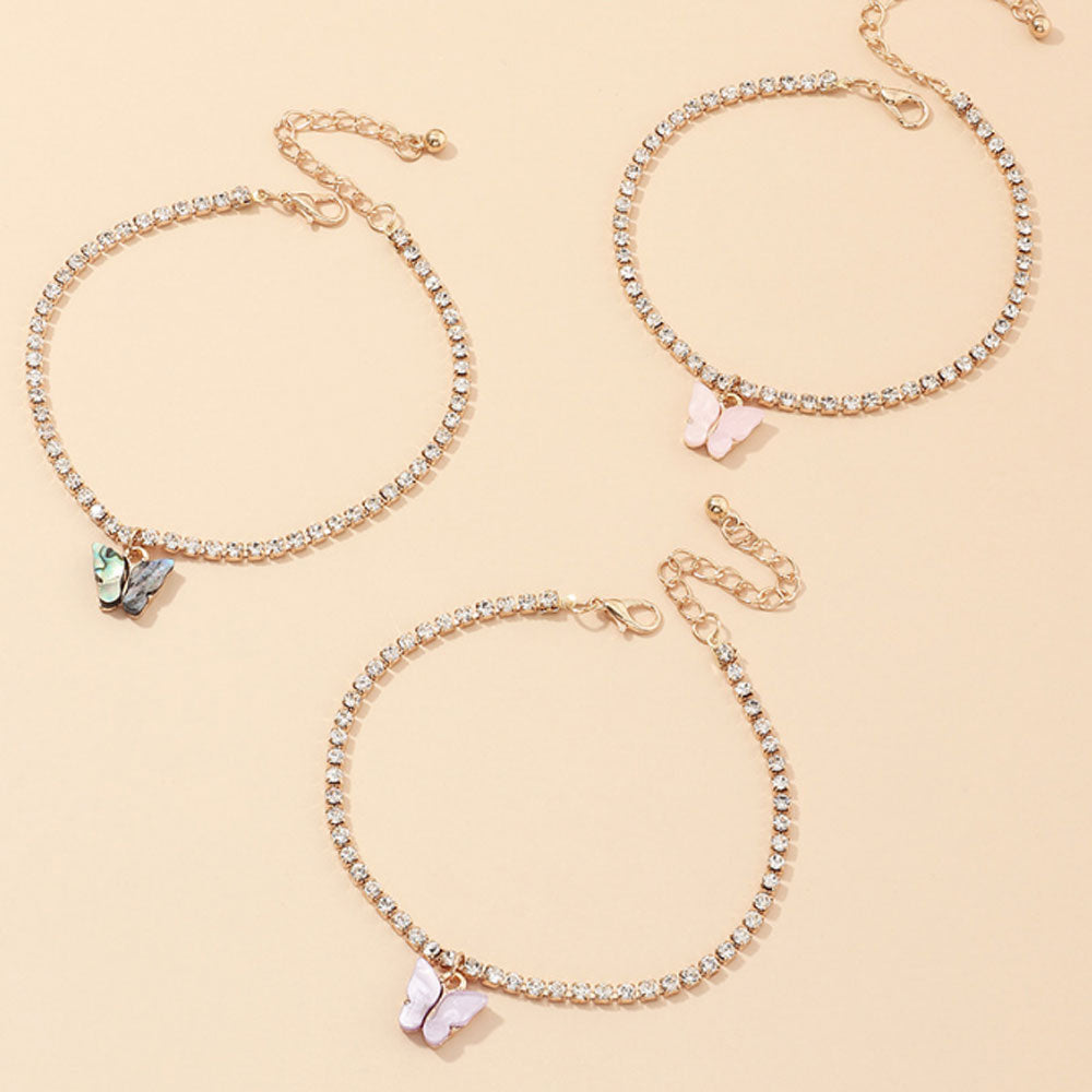 fashion brass alloy rhinestone beads paving tennis chain butterfly charm anklet foot bracelet jewelry 3pcs a set