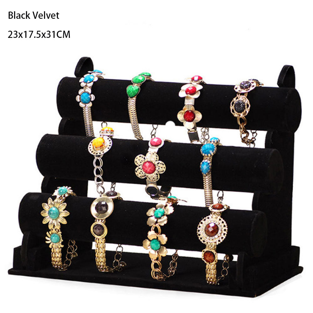 T bar 3 tilers velvet linen and pu leather fashion bracelets display stand