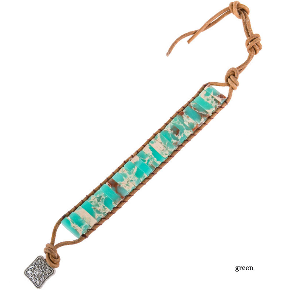 Bohemian bar Turquoise Beads Natural Stone Leather Cord Wide Design Adjustable handmade 7 chakra Tile Wrap bracelet jewelry