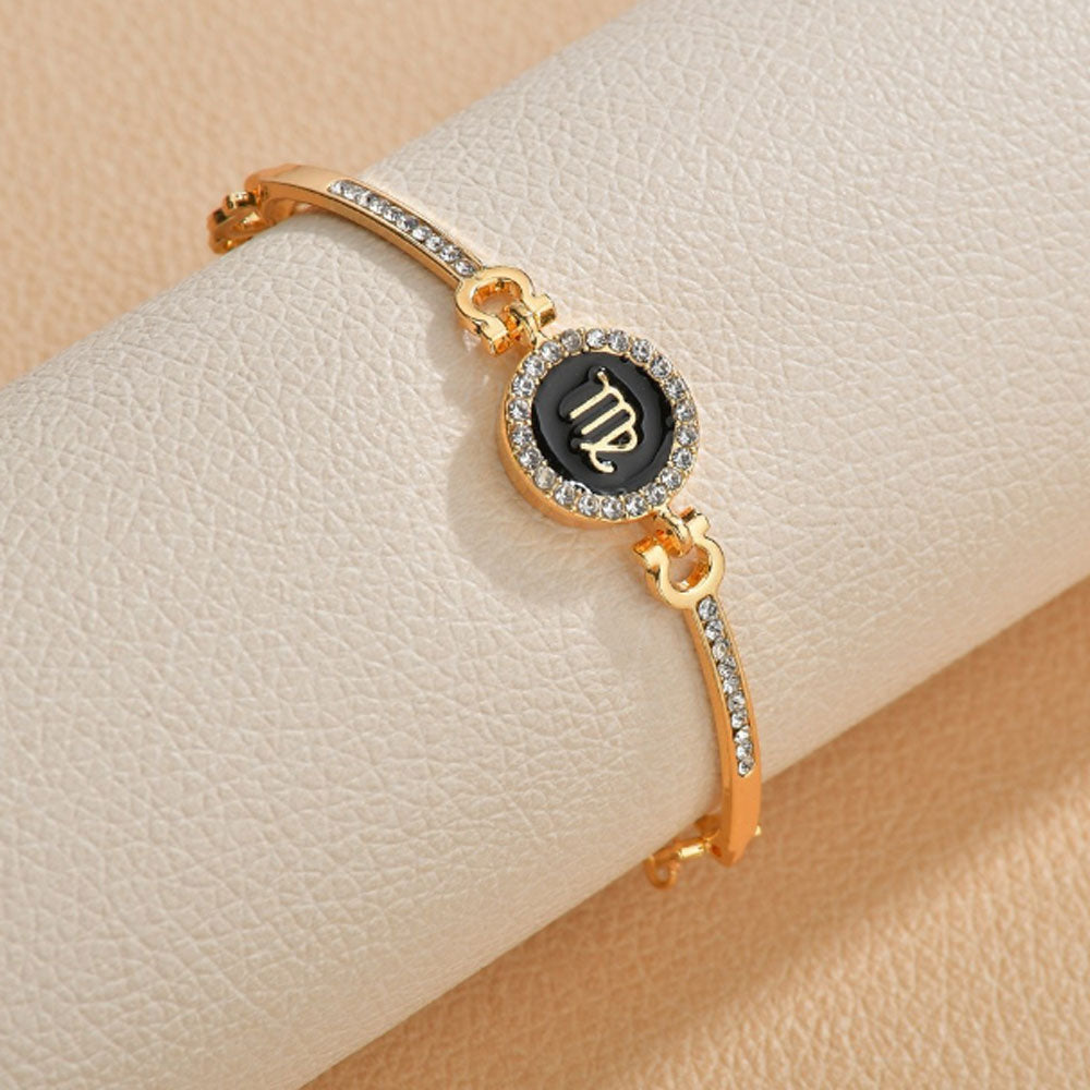 wholesale cubic zirconia diamond beads paving brass bangle 12 zodiac sings charm chain bracelet women adjustable