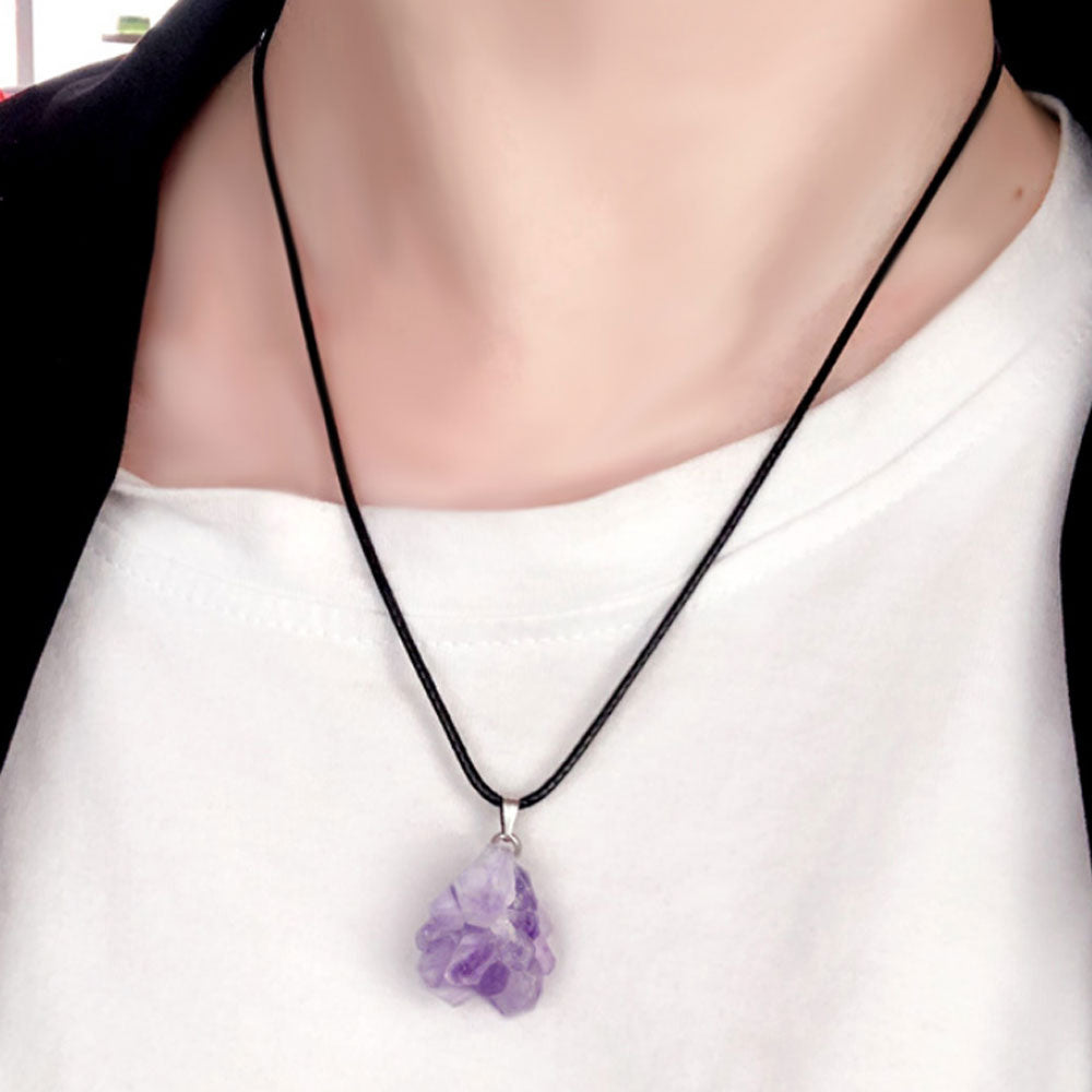 wax cord and alloy chain semi-precious amethyst pendant crystals healing rough stones necklaces natural