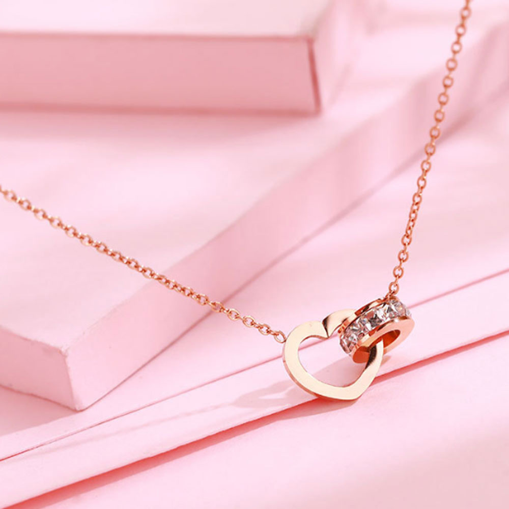 rose gold plated stainless steel circle love heart two interlocked necklace women jewelry