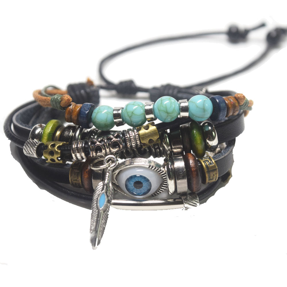 Fashion leather design multi layers d-evil eye charm good luck bracelet unisex