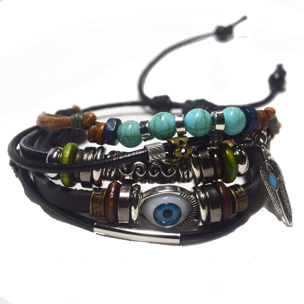 Fashion leather design multi layers d-evil eye charm good luck bracelet unisex