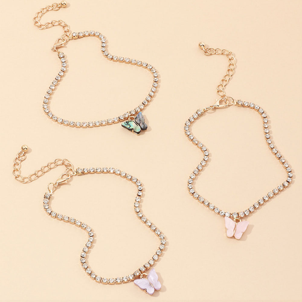 fashion brass alloy rhinestone beads paving tennis chain butterfly charm anklet foot bracelet jewelry 3pcs a set