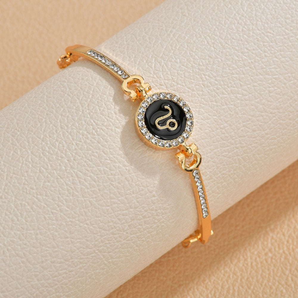 wholesale cubic zirconia diamond beads paving brass bangle 12 zodiac sings charm chain bracelet women adjustable