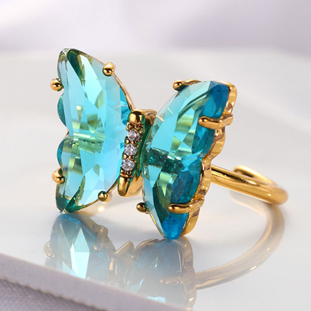 women glass crystal rings jewelry gold plated butterfly finger ring