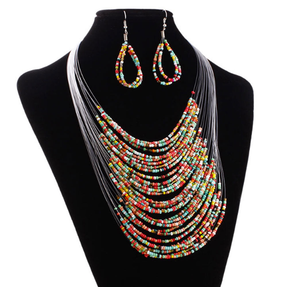 Wholesale Bold 20 layers south African ghanaian nigerian tribal women Glass Beads beaded layer necklace and earing jewelry sets