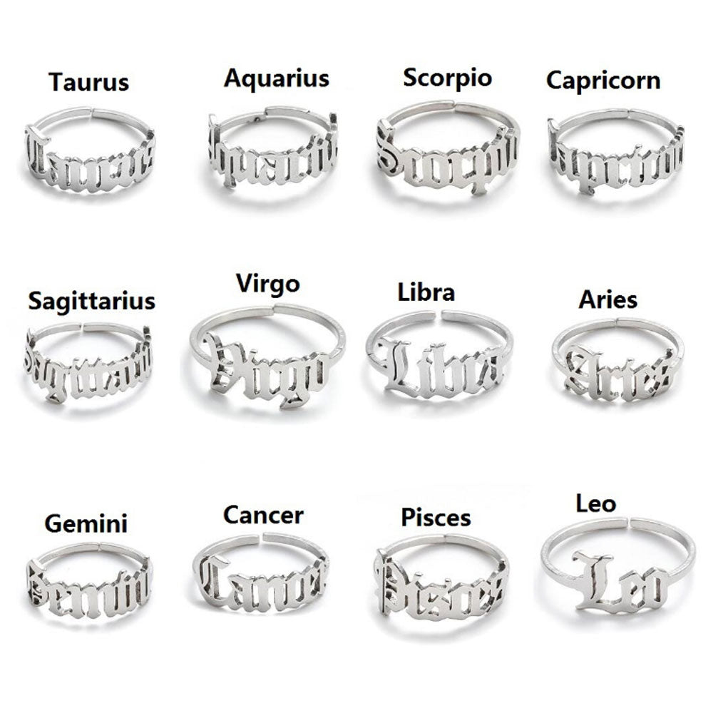 stainless steel gold open cuff adjustable old english font zodiac sign finger ring rings jewelry