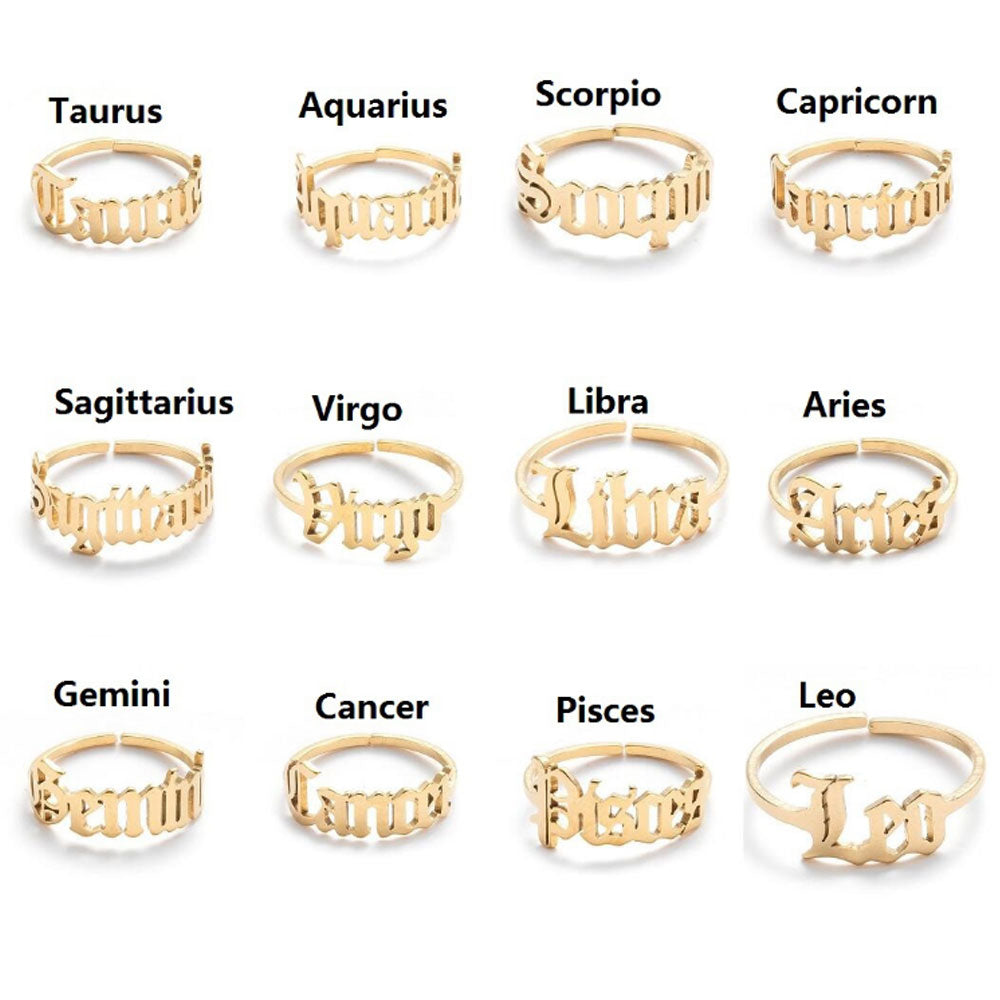 stainless steel gold open cuff adjustable old english font zodiac sign finger ring rings jewelry