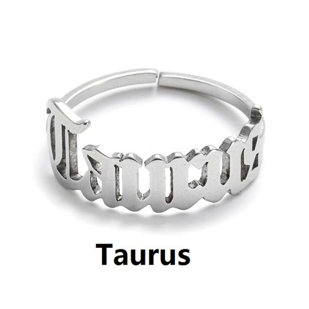 stainless steel gold open cuff adjustable old english font zodiac sign finger ring rings jewelry