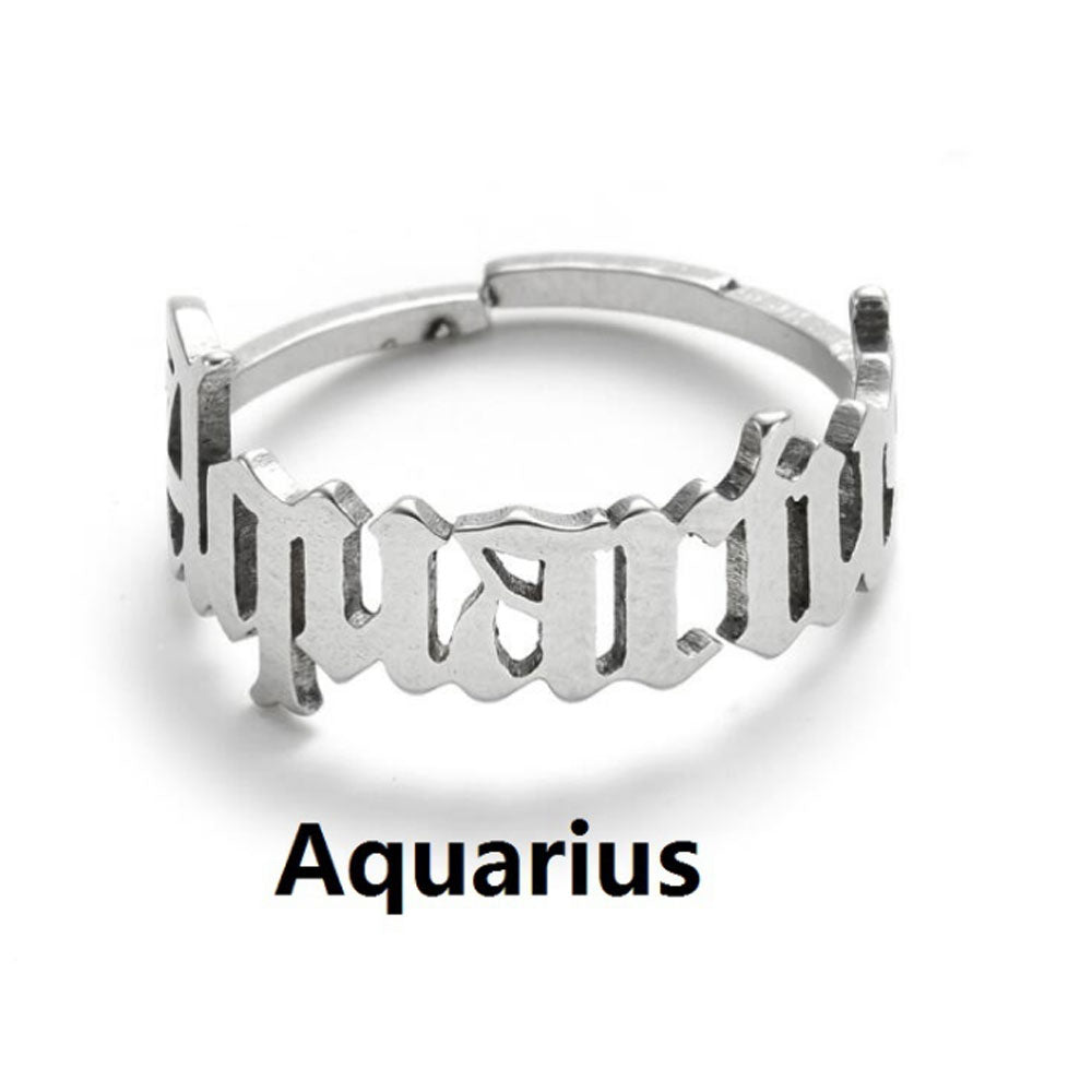 stainless steel gold open cuff adjustable old english font zodiac sign finger ring rings jewelry