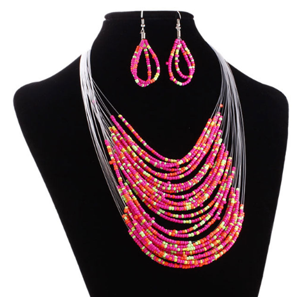 Wholesale Bold 20 layers south African ghanaian nigerian tribal women Glass Beads beaded layer necklace and earing jewelry sets