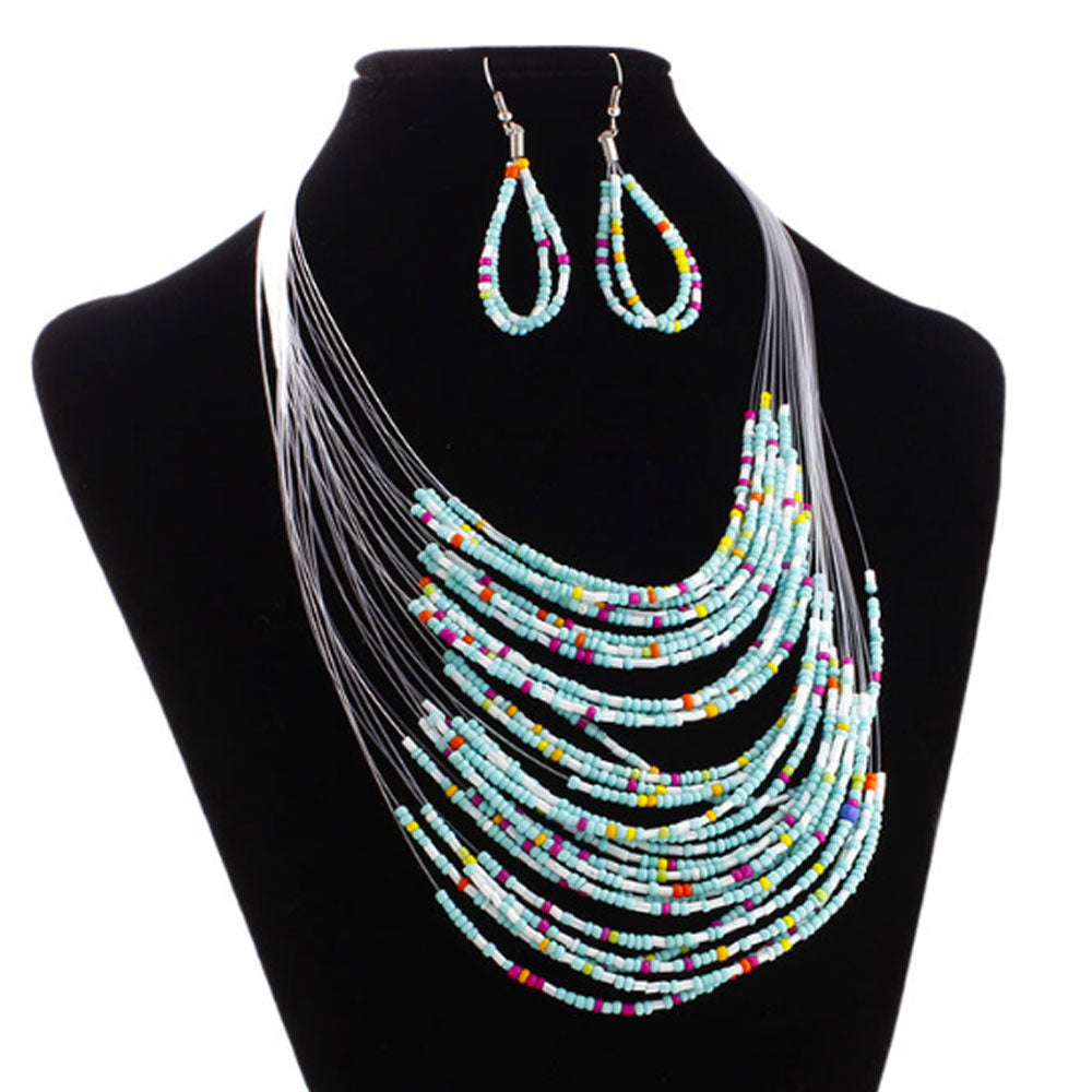 Wholesale Bold 20 layers south African ghanaian nigerian tribal women Glass Beads beaded layer necklace and earing jewelry sets