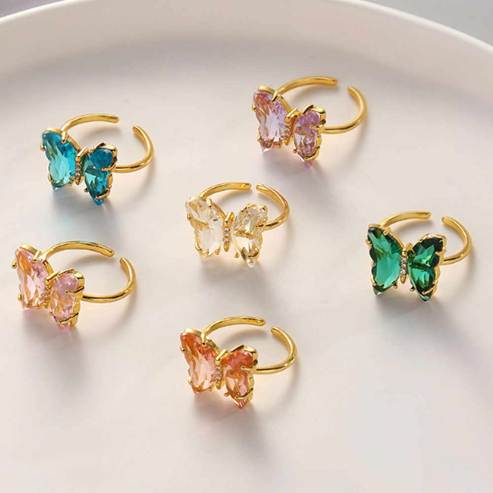 women glass crystal rings jewelry gold plated butterfly finger ring