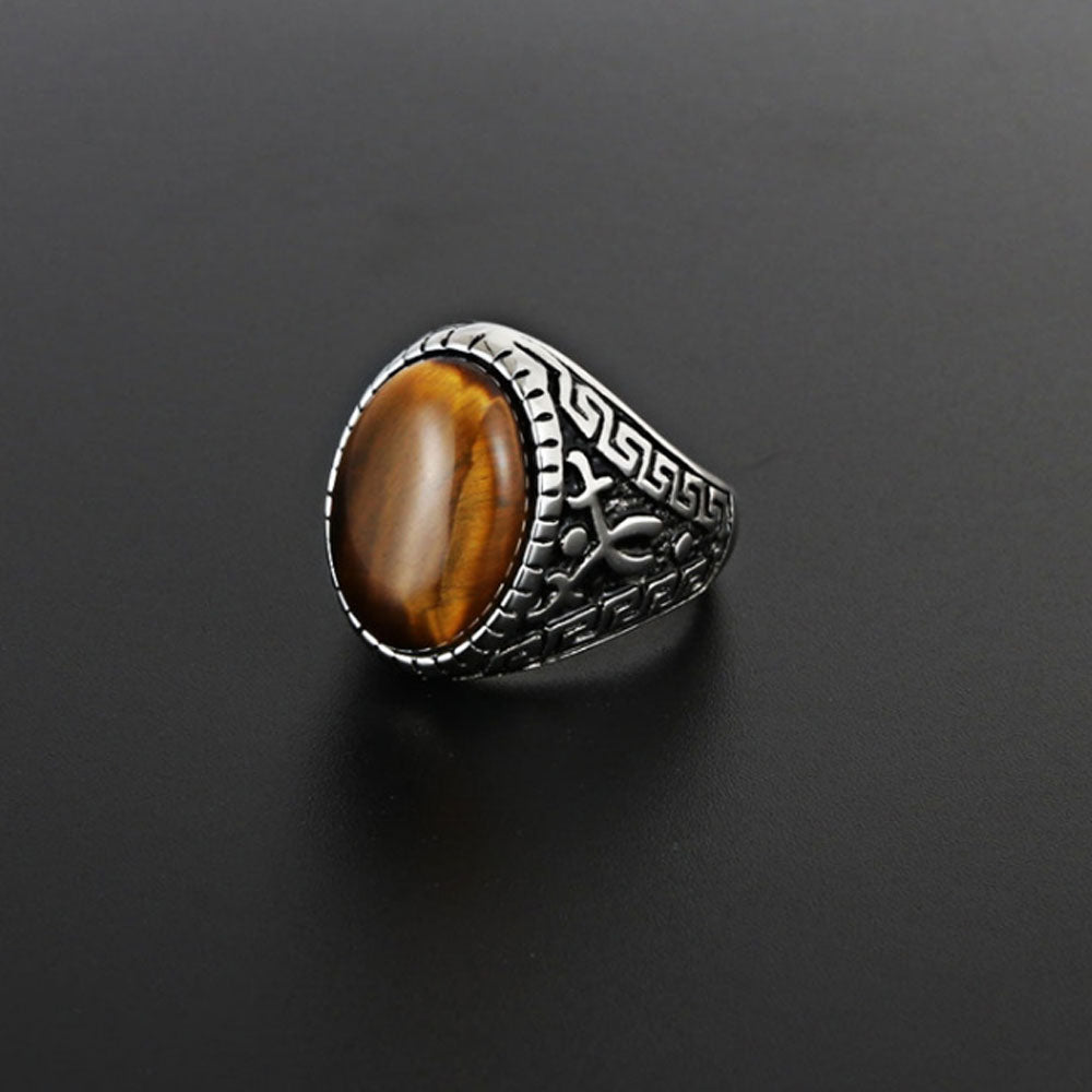 high quality men titamuim steel punk finger ring for men natural stone rings with black stone and tiger eye stone