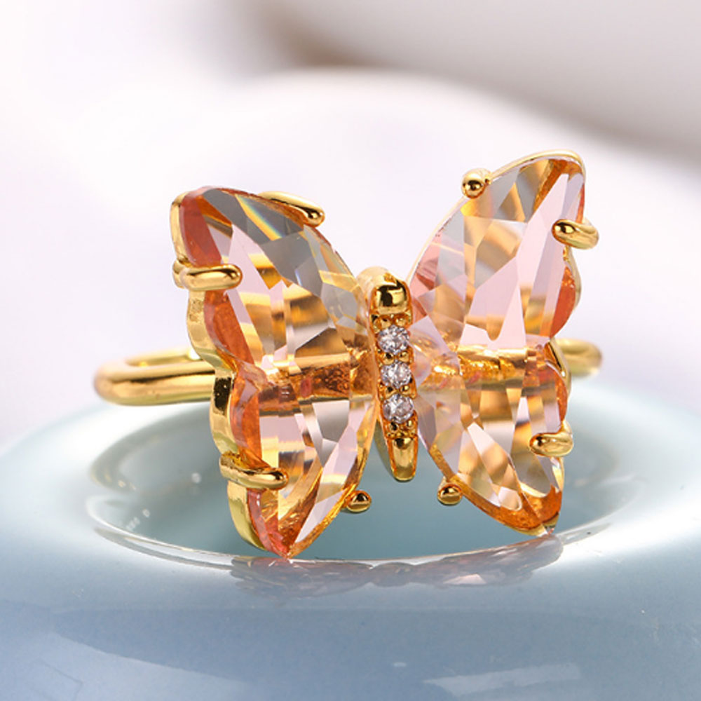 women glass crystal rings jewelry gold plated butterfly finger ring