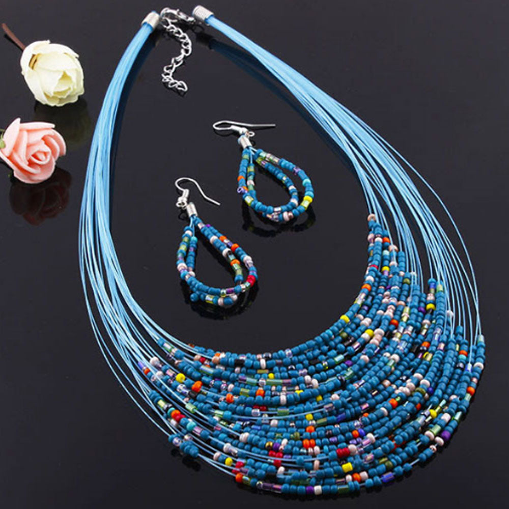 Wholesale Bold 20 layers south African ghanaian nigerian tribal women Glass Beads beaded layer necklace and earing jewelry sets
