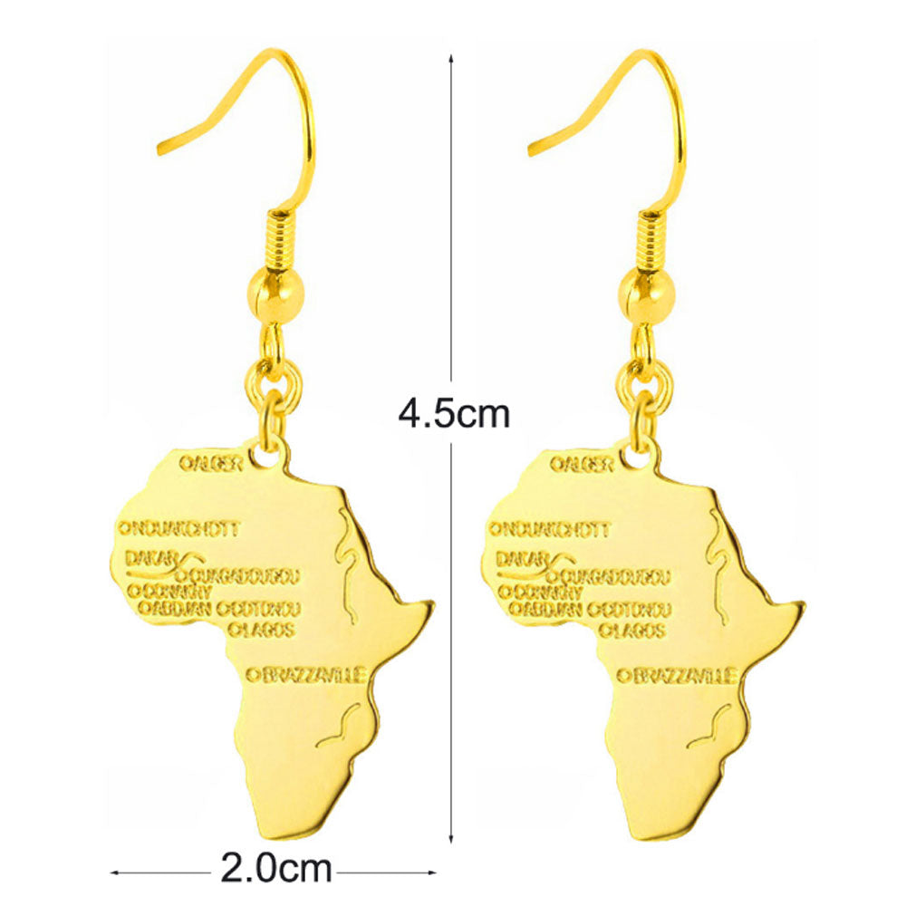 fashion brass gold african map shape print dangle drop earrings jewelry for women