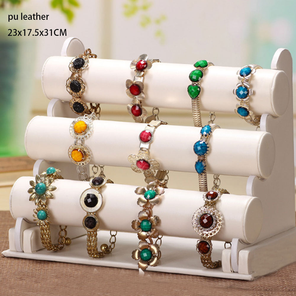 T bar 3 tilers velvet linen and pu leather fashion bracelets display stand