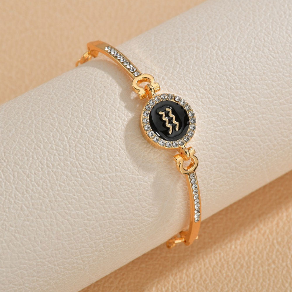 wholesale cubic zirconia diamond beads paving brass bangle 12 zodiac sings charm chain bracelet women adjustable