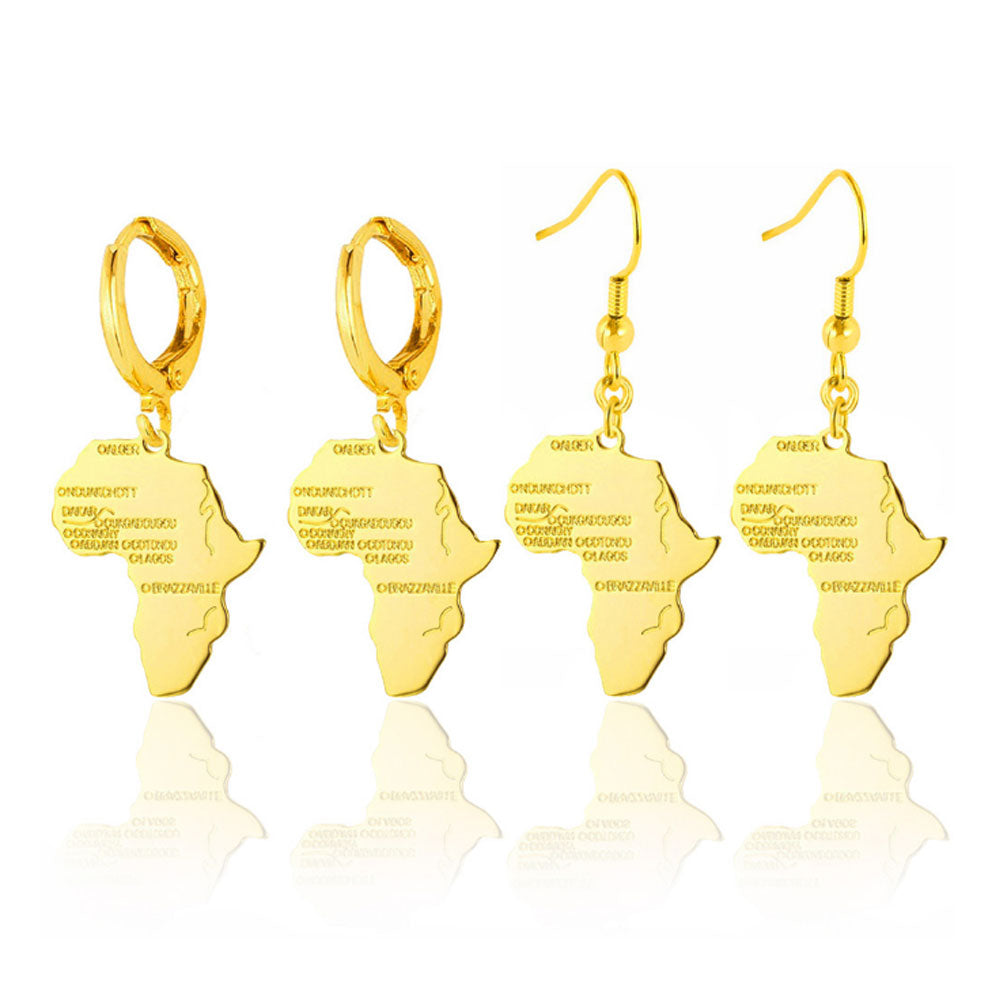 fashion brass gold african map shape print dangle drop earrings jewelry for women