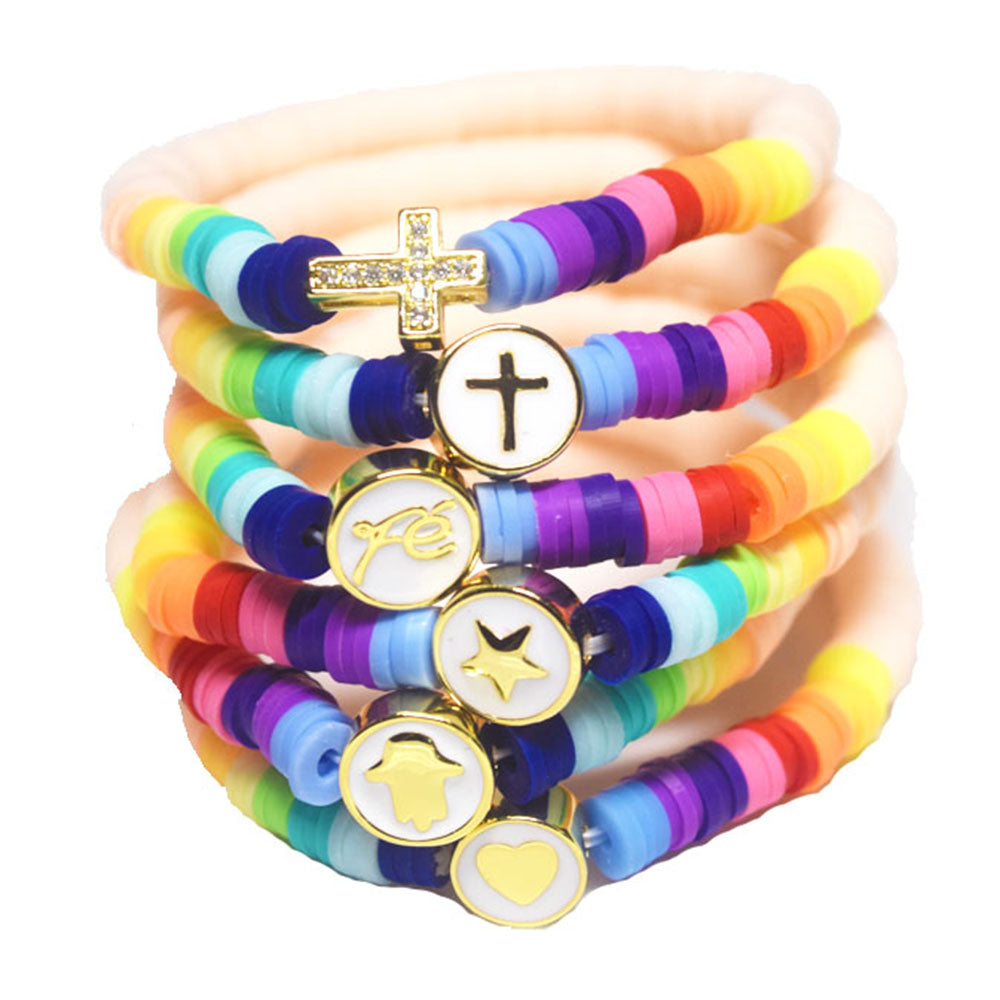 bohemian soft clay polymer brass metal cross star heart Fatima hand charms elastic cord bracelet stackable bracelets rainbow