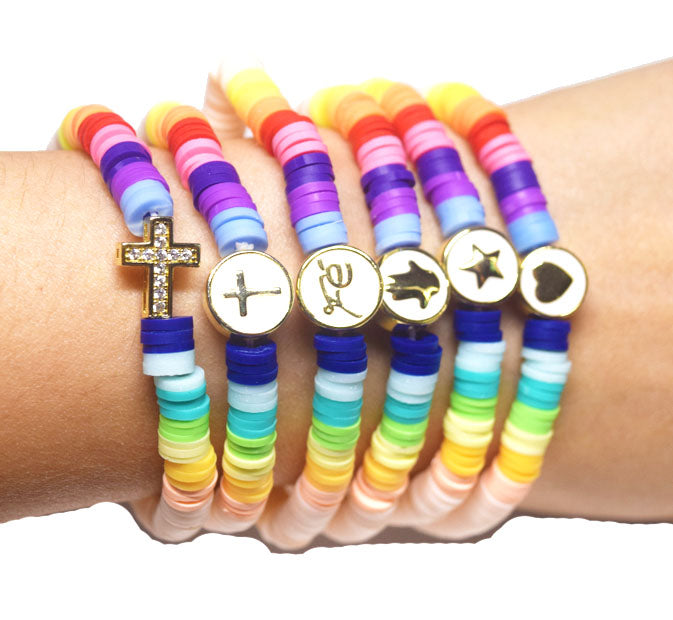 bohemian soft clay polymer brass metal cross star heart Fatima hand charms elastic cord bracelet stackable bracelets rainbow