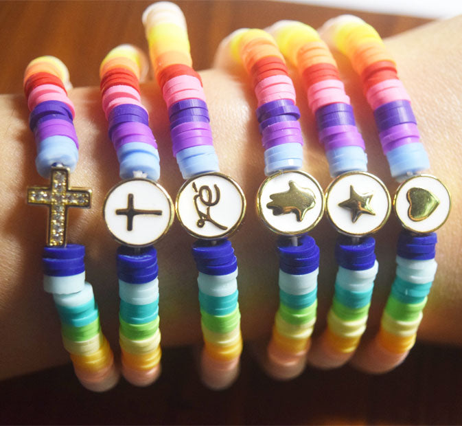 bohemian soft clay polymer brass metal cross star heart Fatima hand charms elastic cord bracelet stackable bracelets rainbow