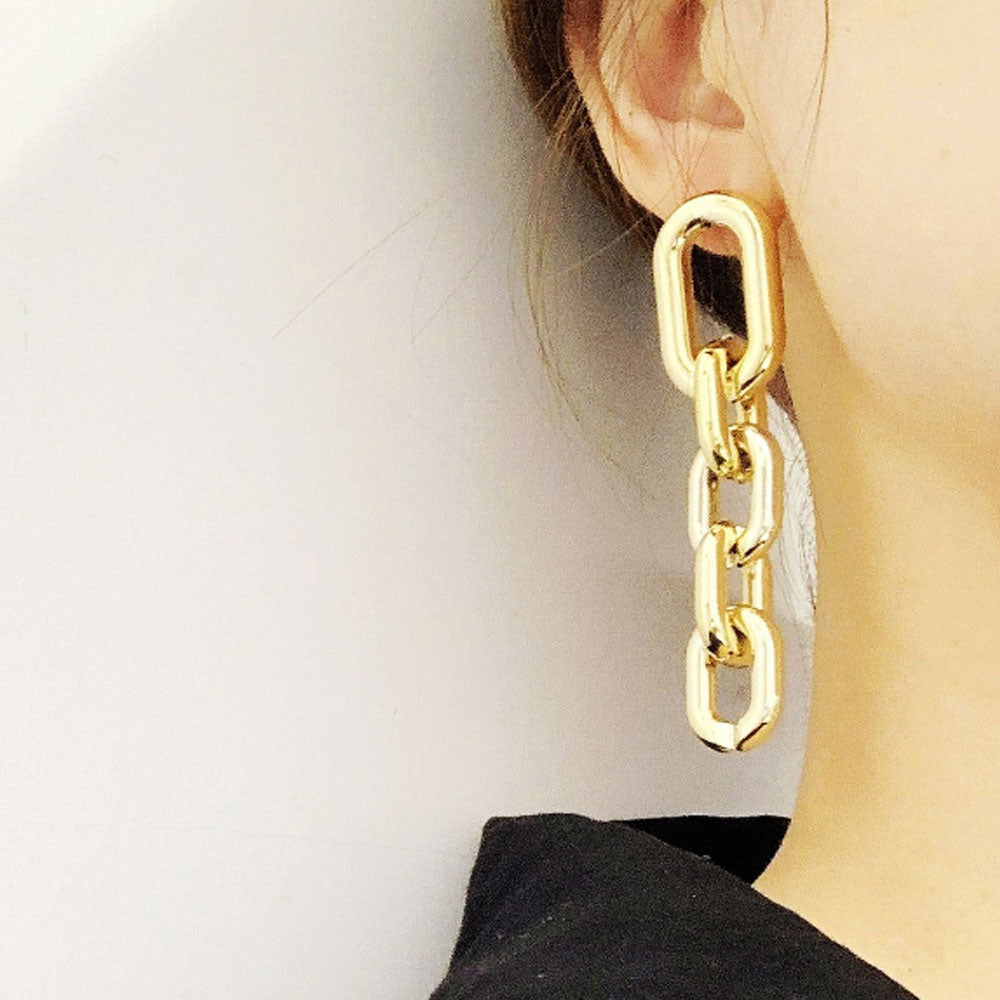 brass alloy gold color women chunky chain link dress earring long jewelry