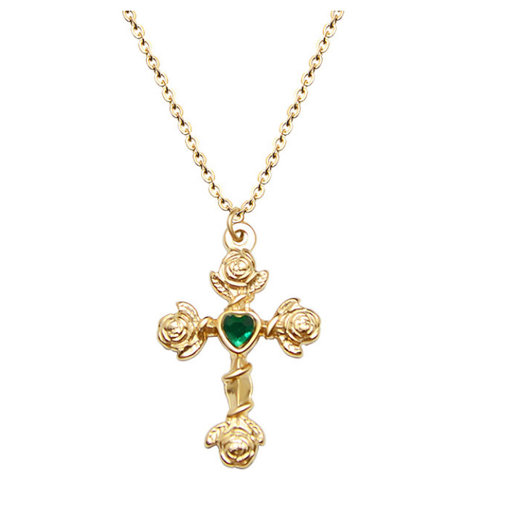 wholesale stainless steel rose flower cross charm cubic zircon zirconua emerald pendant chain necklace for women