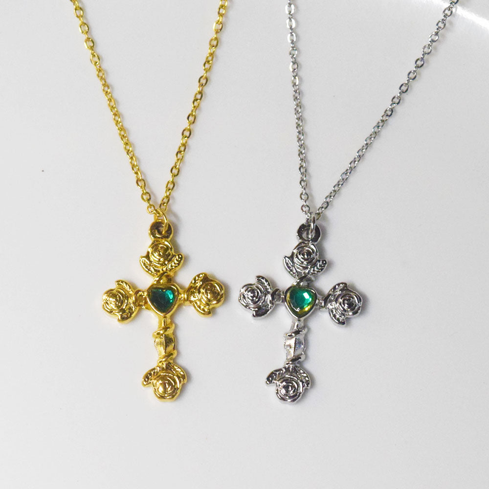 wholesale stainless steel rose flower cross charm cubic zircon zirconua emerald pendant chain necklace for women