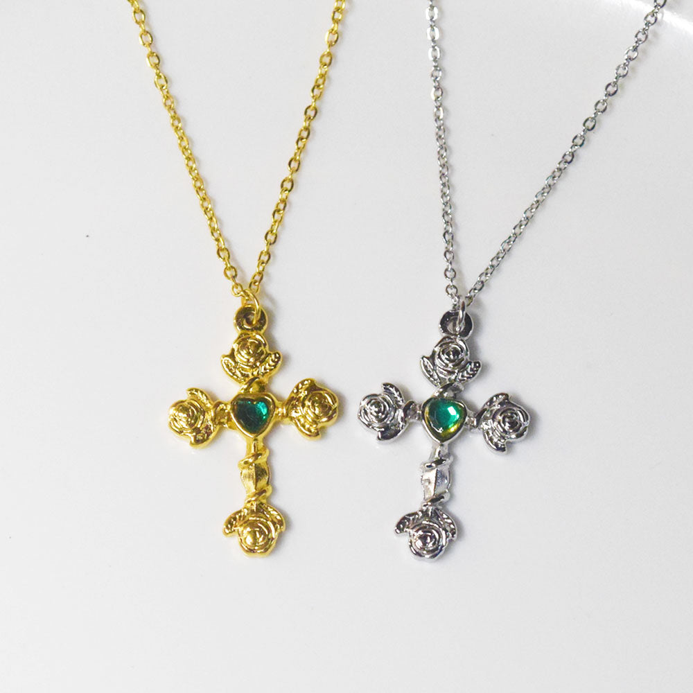 wholesale stainless steel rose flower cross charm cubic zircon zirconua emerald pendant chain necklace for women