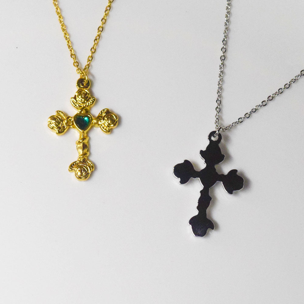 wholesale stainless steel rose flower cross charm cubic zircon zirconua emerald pendant chain necklace for women