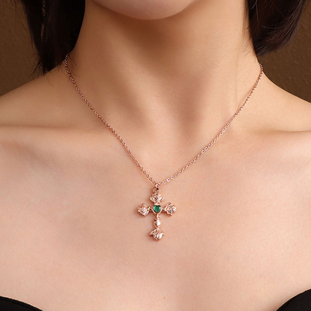wholesale stainless steel rose flower cross charm cubic zircon zirconua emerald pendant chain necklace for women