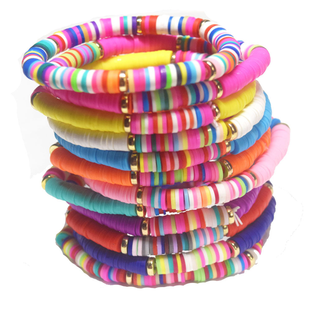 handmade bohemian fashion soft clay polymer brass metal spacer beads rainbow elastic cord bracelet stackable bracelets women