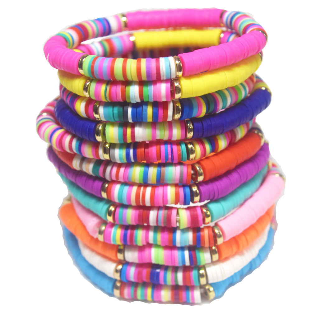 handmade bohemian fashion soft clay polymer brass metal spacer beads rainbow elastic cord bracelet stackable bracelets women