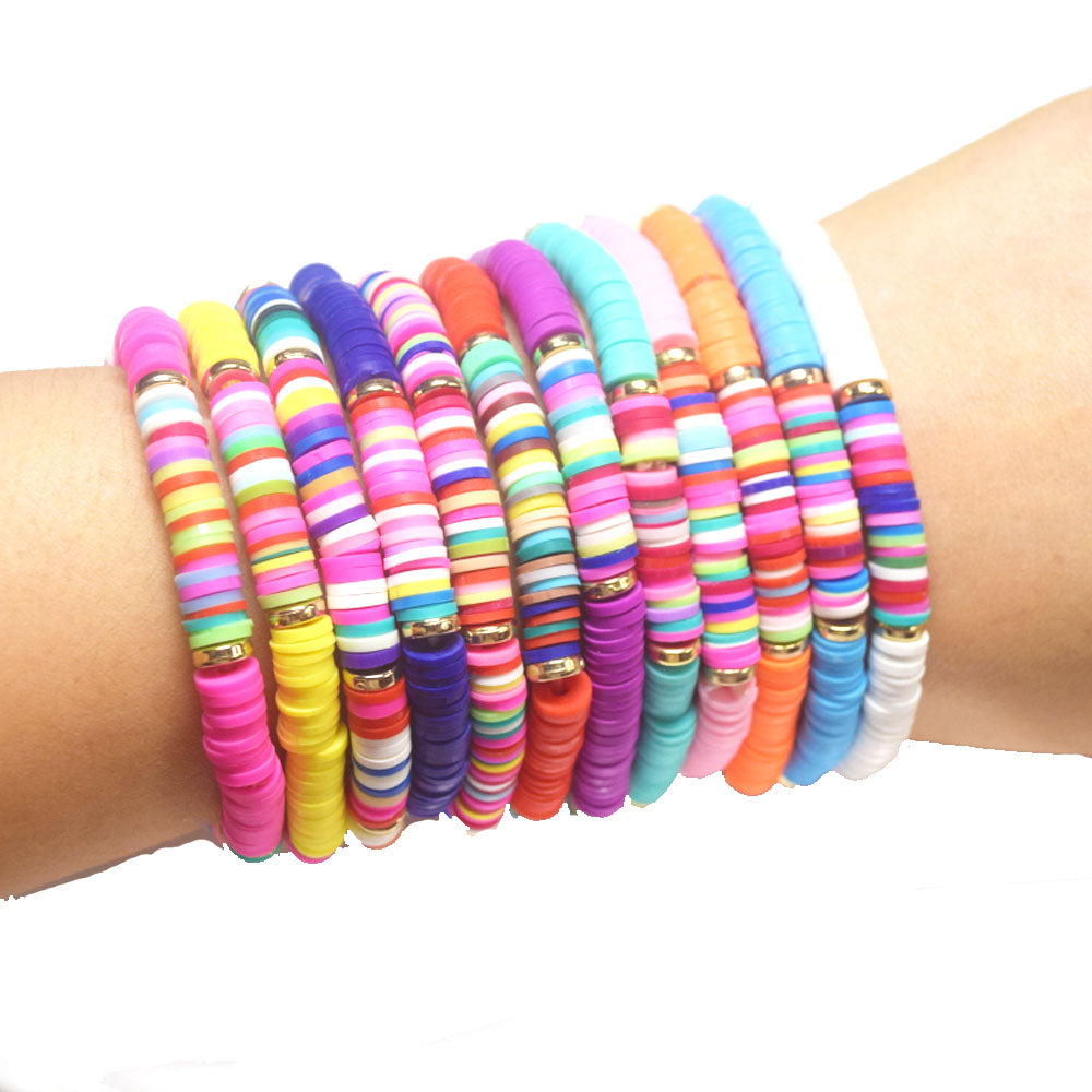 handmade bohemian fashion soft clay polymer brass metal spacer beads rainbow elastic cord bracelet stackable bracelets women