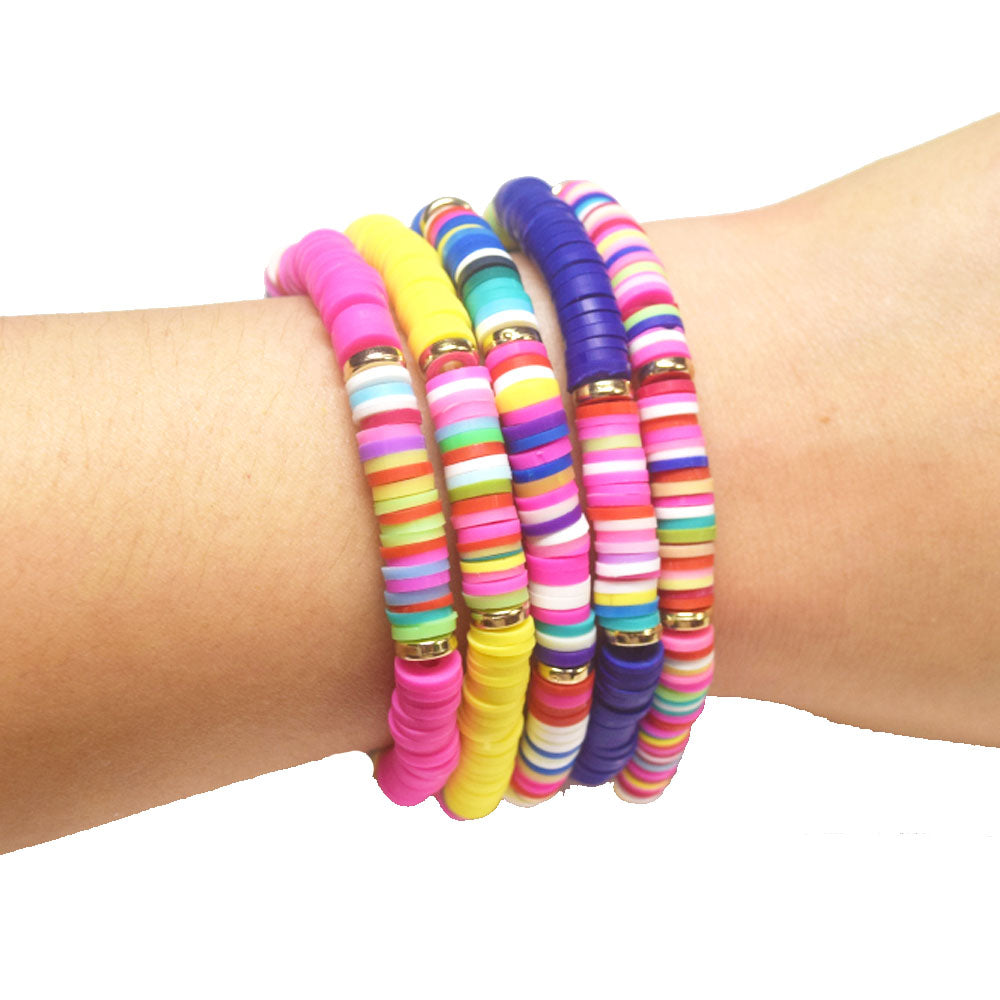 handmade bohemian fashion soft clay polymer brass metal spacer beads rainbow elastic cord bracelet stackable bracelets women