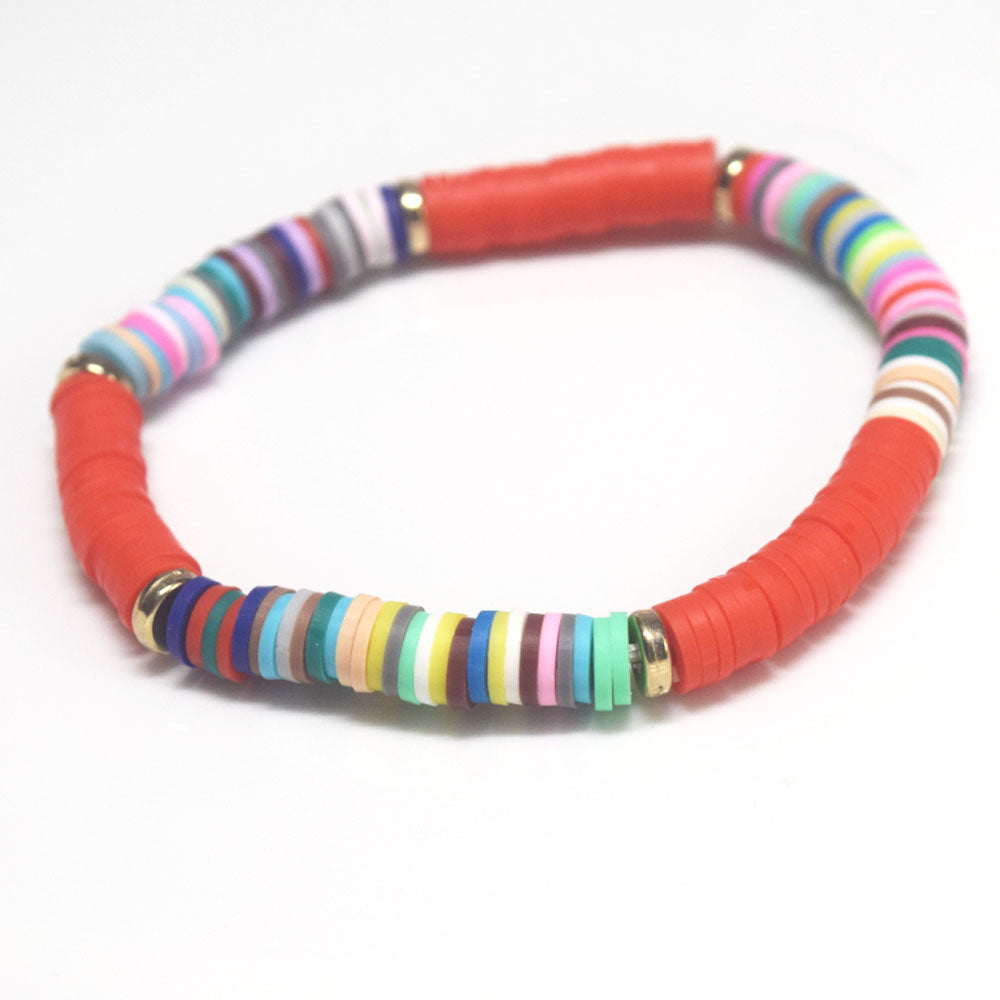 handmade bohemian fashion soft clay polymer brass metal spacer beads rainbow elastic cord bracelet stackable bracelets women