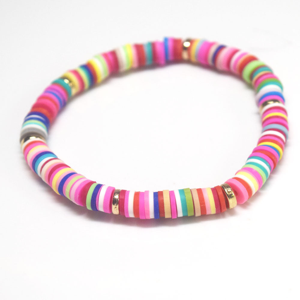 handmade bohemian fashion soft clay polymer brass metal spacer beads rainbow elastic cord bracelet stackable bracelets women