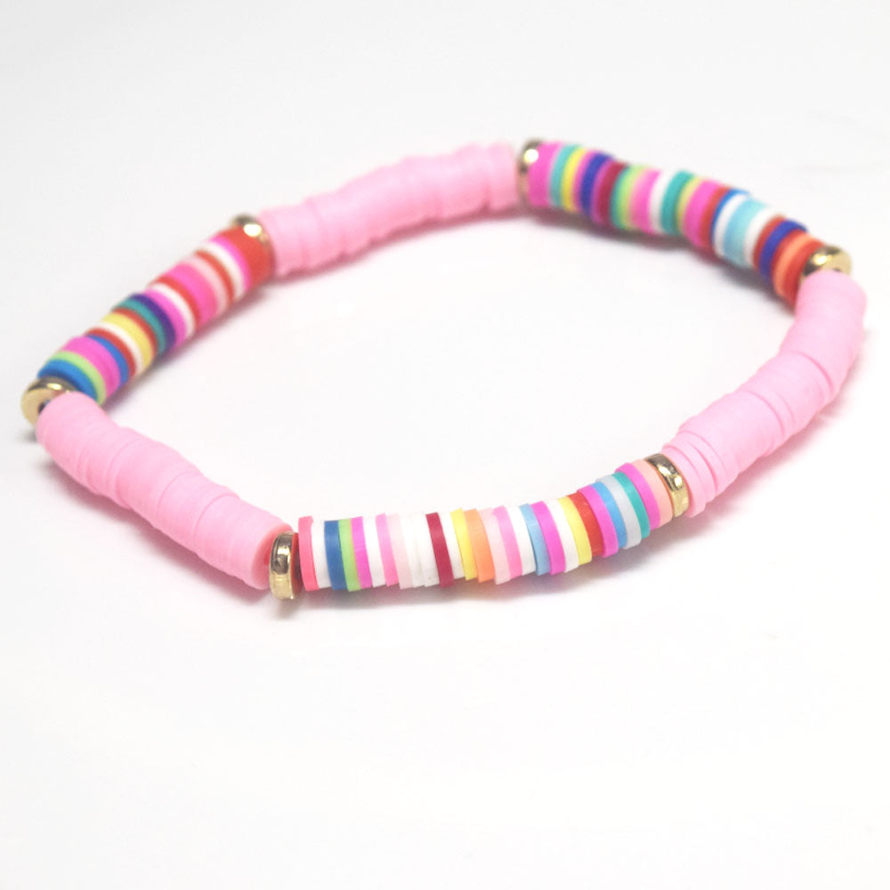 handmade bohemian fashion soft clay polymer brass metal spacer beads rainbow elastic cord bracelet stackable bracelets women