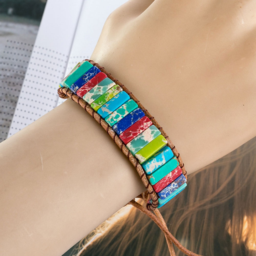 Bohemian bar Turquoise Beads Natural Stone Leather Cord Wide Design Adjustable handmade 7 chakra Tile Wrap bracelet jewelry