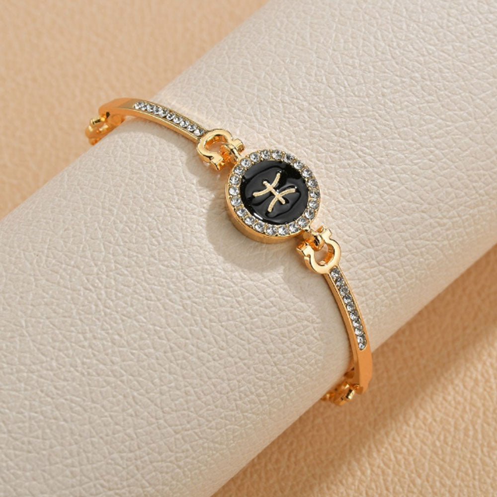 wholesale cubic zirconia diamond beads paving brass bangle 12 zodiac sings charm chain bracelet women adjustable