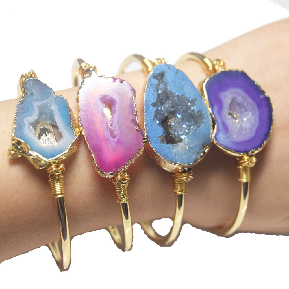 brass alloy natural druzy agate stone charm open cuff design bangle bracelet women boho women