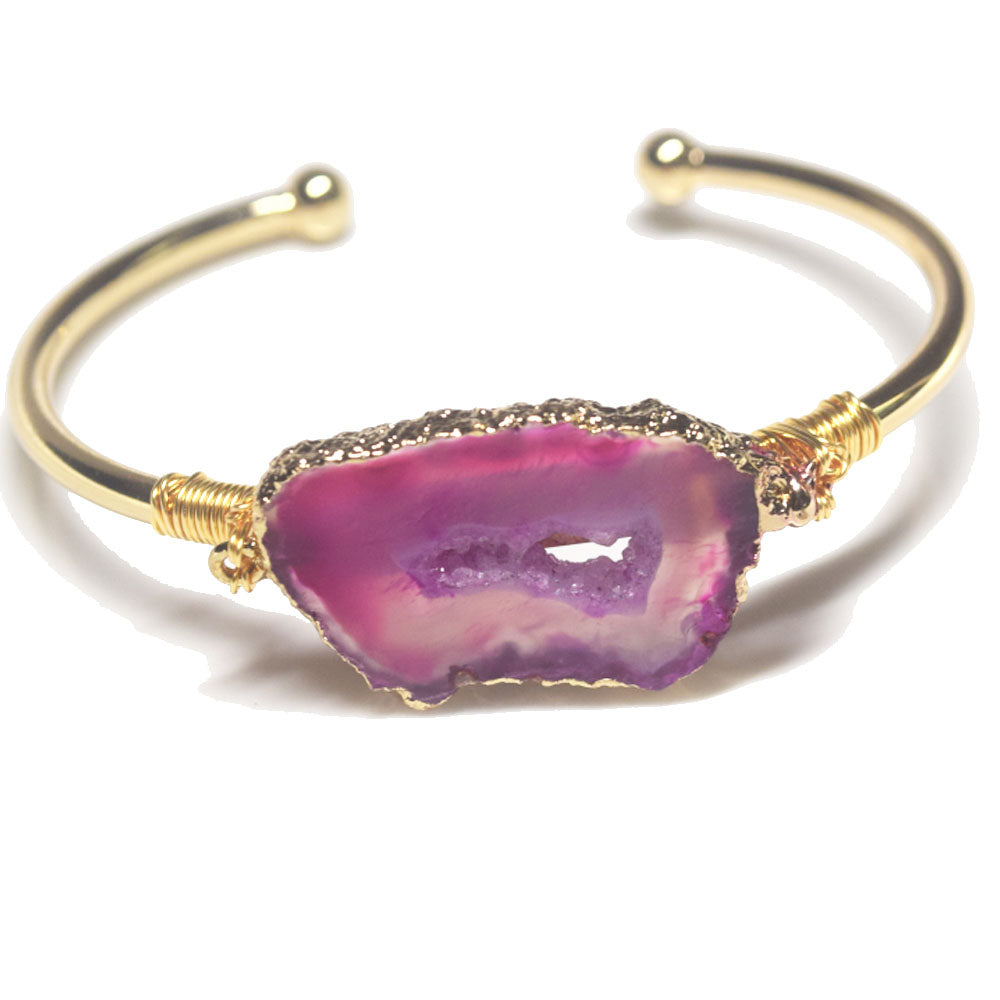 brass alloy natural druzy agate stone charm open cuff design bangle bracelet women boho women
